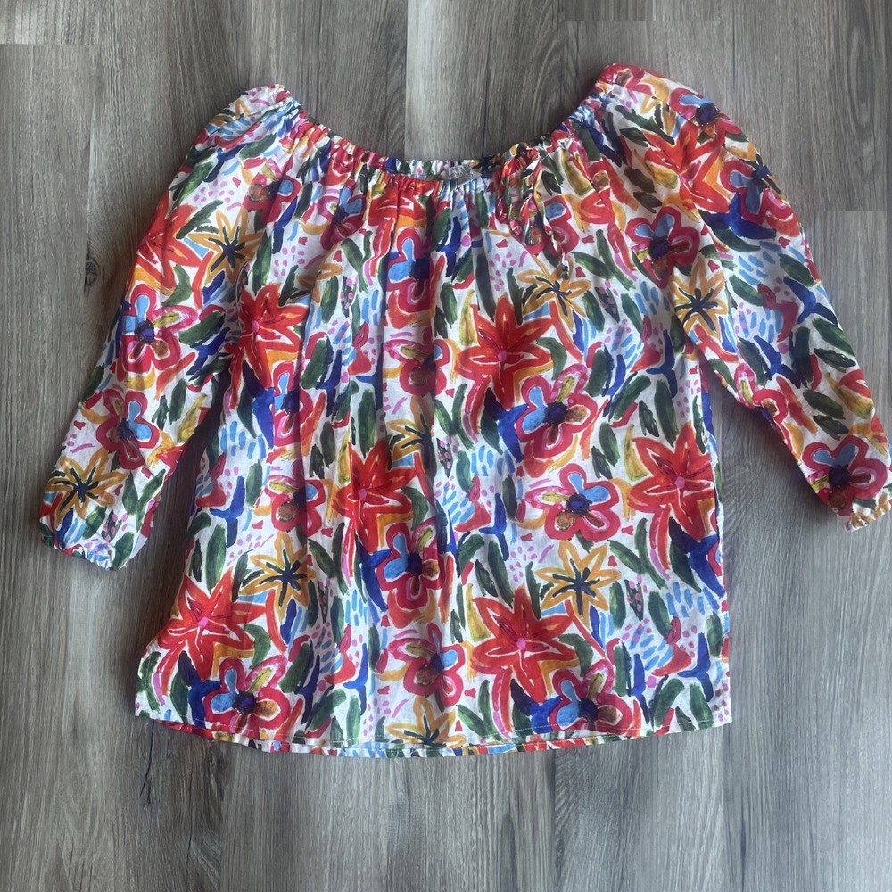 Hester & Cook Women XL Floral Linen Blend Peasant Blouse Off Shoulder Top Multi